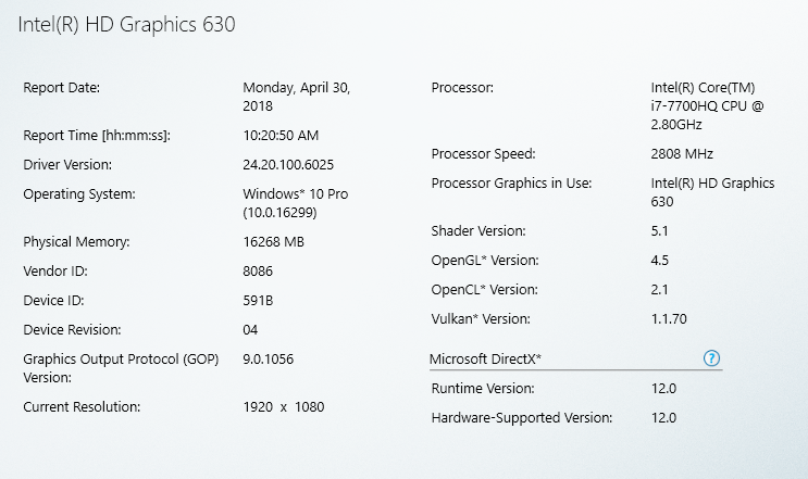 Intel HD Graphics driver - software information