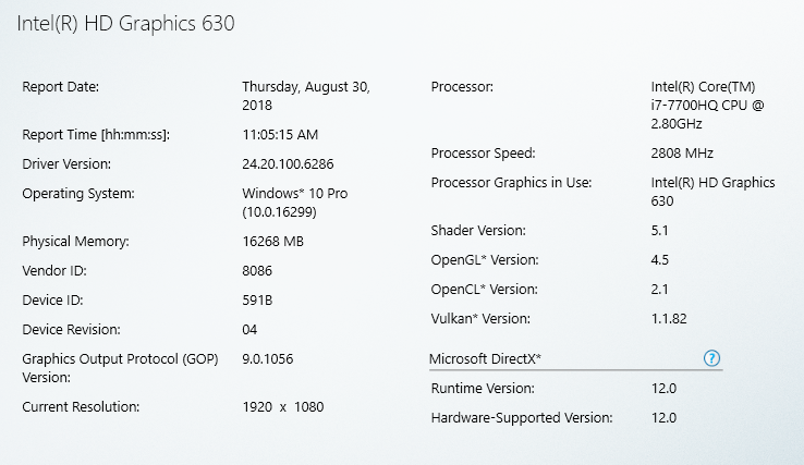 Intel HD Graphics driver - software information