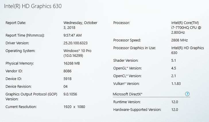 Intel HD Graphics driver - software information