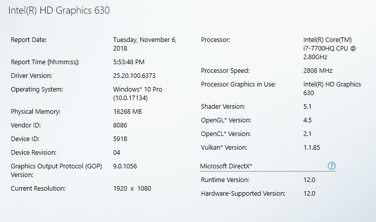 Intel HD Graphics driver - software information