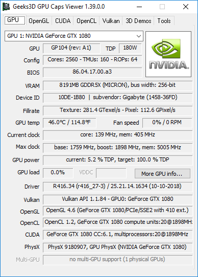 NVIDIA GeForce 416.34 + GPU Caps Viewer + GTX 1080