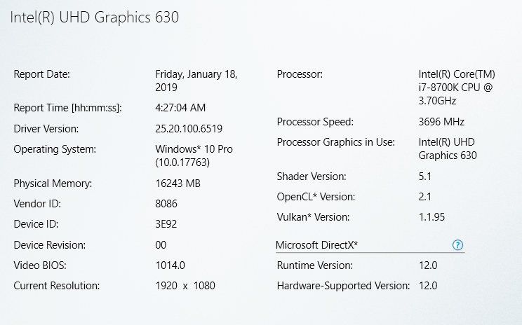Intel UHD Graphics driver - software information