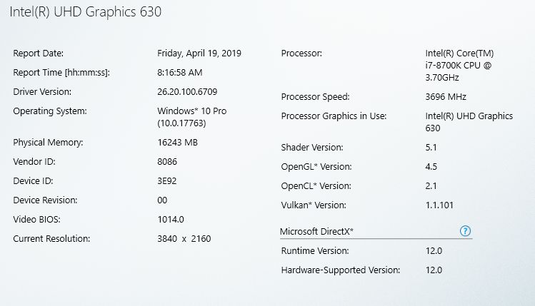 Intel UHD Graphics driver - software information