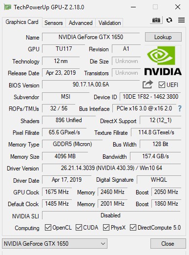 GTX 1650 - GPU-Z
