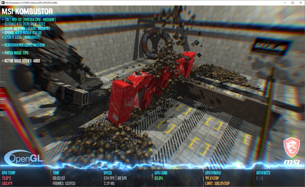 MSI Kombustor 4 - PhysX 4 rigid bodies benchmark