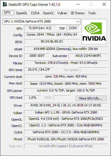 NVIDIA GeForce 430.39 + GPU Caps Viewer + RTX 2080
