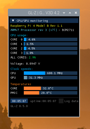 GL-Z on Raspberry Pi 4 - CPU and GPU monitoring