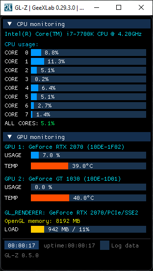 GL-Z on Windows + Intel CPU + NVIDIA GeForce - CPU and GPU monitoring