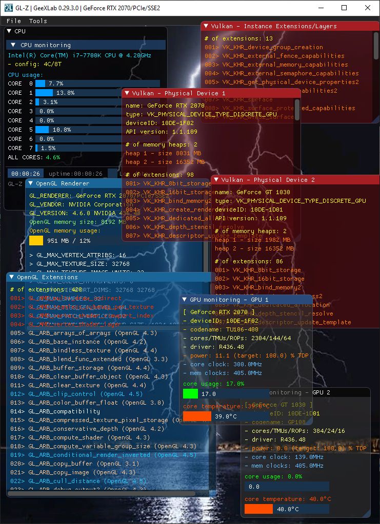 GL-Z on Windows + Intel CPU + NVIDIA GeForce - CPU and GPU monitoring + OpenGL and Vulkan
