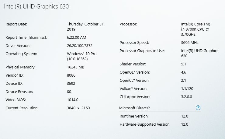 Intel UHD Graphics driver - software information