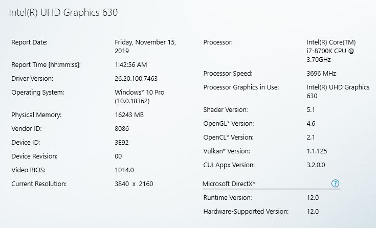 Intel UHD Graphics driver - software information