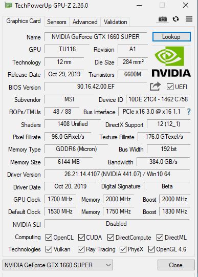 GeForce GTX 1660 SUPER - GPU-Z