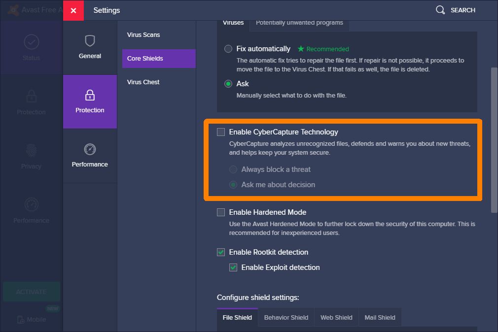 Avast antivirus - how to disable CyberCapture
