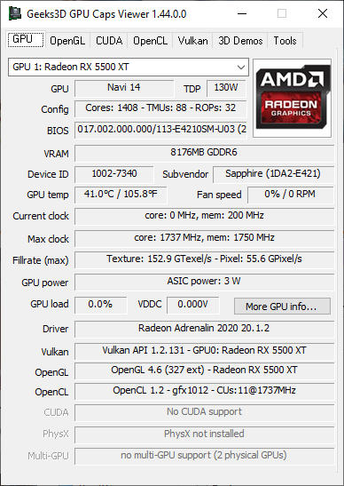 GPU Caps Viewer 1.44.0 - GPU panel + Radeon RX 5500 XT