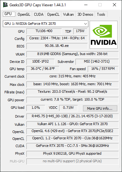 NVIDIA GeForce 445.75 + GPU Caps Viewer + GeForce RTX 2070