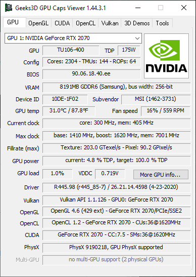 NVIDIA GeForce 445.98 HF + GPU Caps Viewer + GeForce RTX 2070