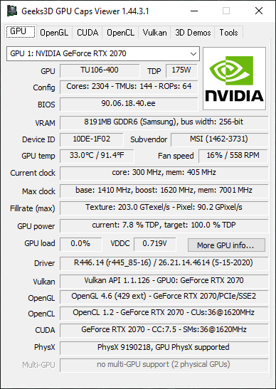 NVIDIA GeForce 446.14 + GPU Caps Viewer + GeForce RTX 2070