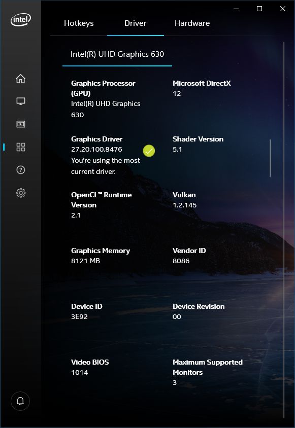 Intel UHD Graphics driver - software information