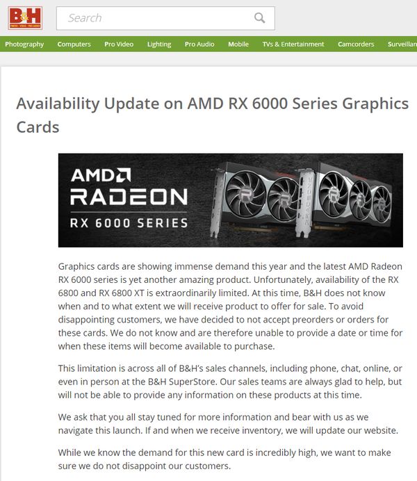 AMD Radeon RX 6800 Series availability at B&H