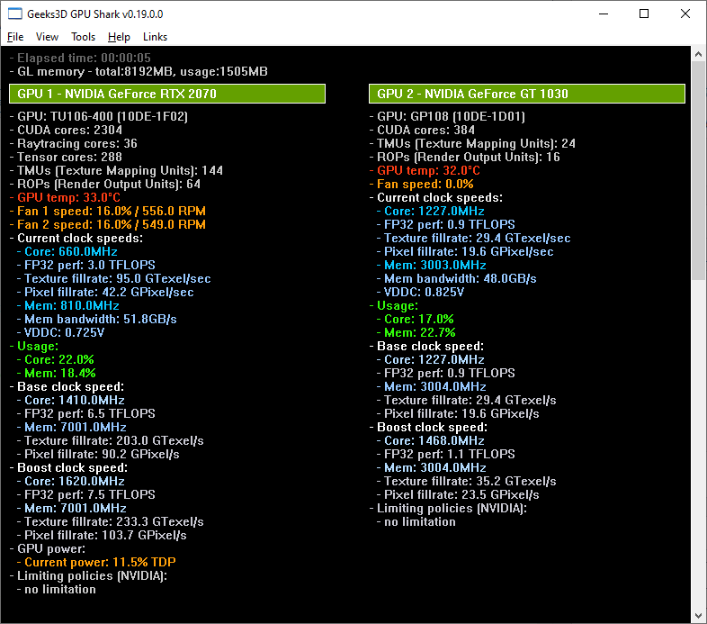 GPU Shark 0.19.0 - GeForce RTX 2070 + GeForce GT 1030