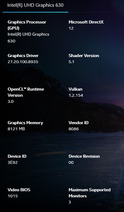 Intel UHD Graphics driver - software information