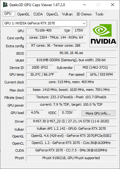 NVIDIA GeForce 457.30 + GPU Caps Viewer + GeForce RTX 2070