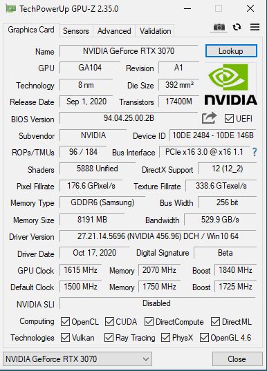 NVIDIA GeForce RTX 3070 Founders Edition - GPU-Z