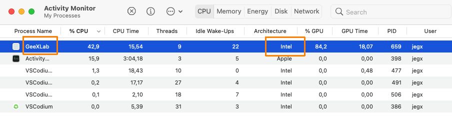 macOS Activity Monitor - GeeXLab for Apple silicon