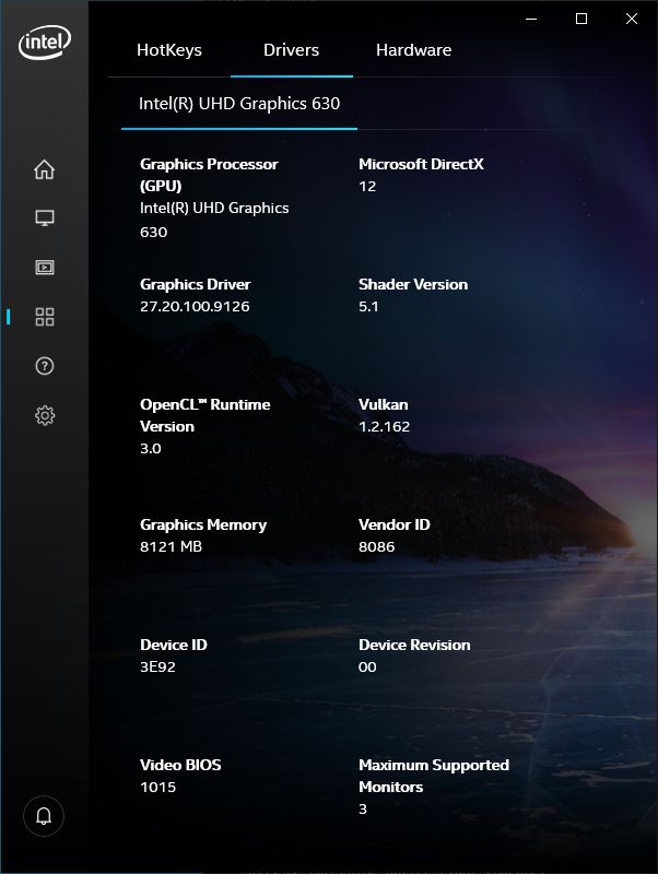Intel UHD Graphics driver - software information