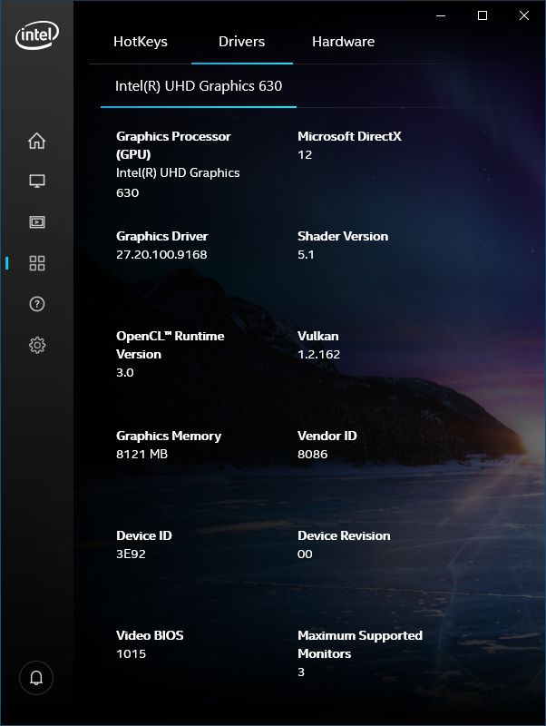 Intel UHD Graphics driver - software information
