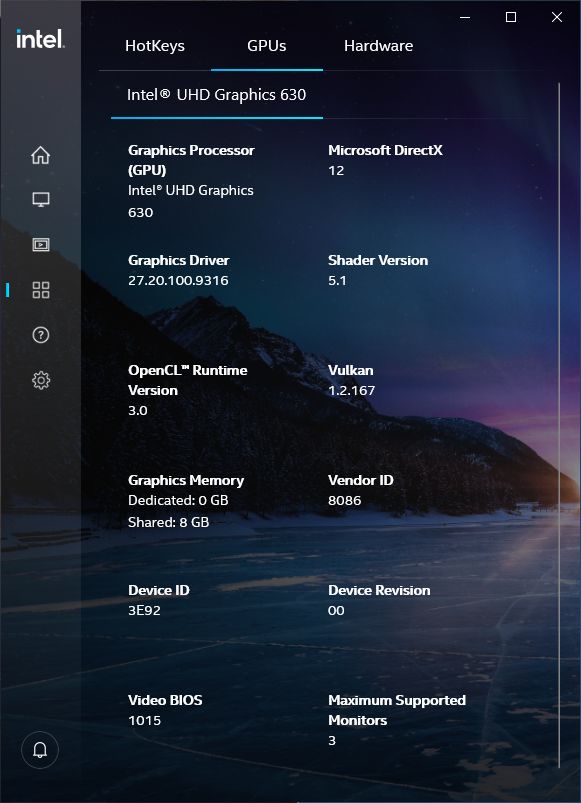 Intel UHD Graphics driver - software information