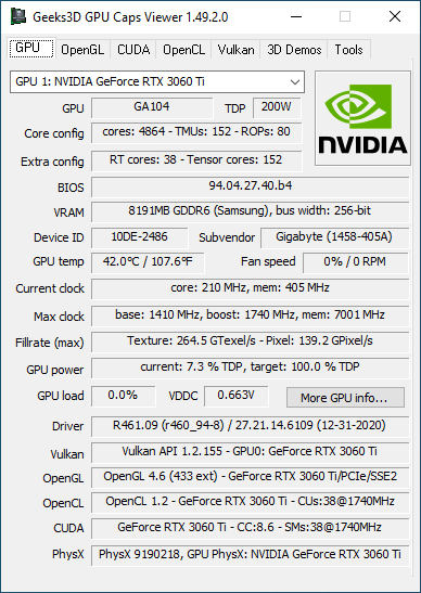 NVIDIA GeForce 461.09 + GPU Caps Viewer + GeForce RTX 3060 Ti