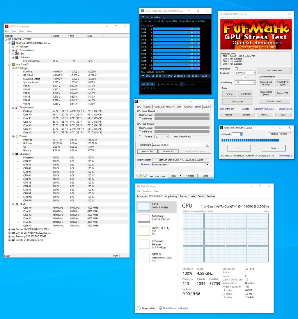 Intel Core i5-11600K - FurMark CPU burner stress test