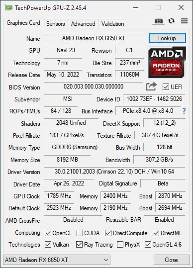 Radeon RX 6650 XT - GPU-Z