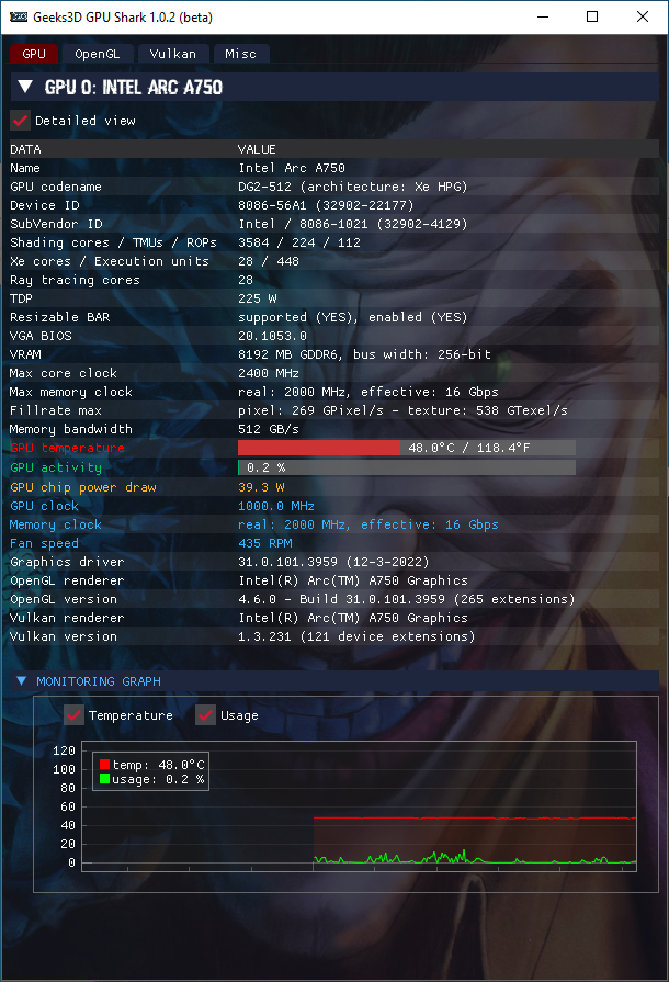 Intel Arc Graphics driver - GPU Shark 2 + Arc A750