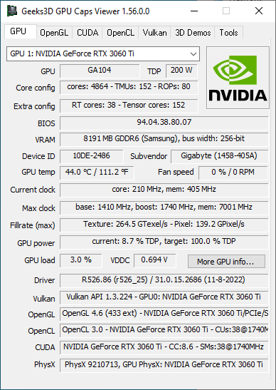 NVIDIA GeForce 526.47 + GPU Caps Viewer + GeForce RTX 3060 Ti