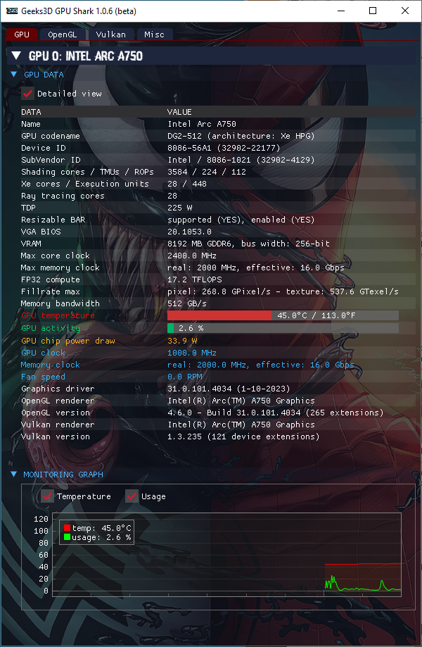 Intel Arc Graphics driver - GPU Shark 2 + Arc A750