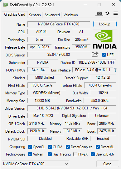 NVIDIA GeForce RTX 4070 - GPU-Z