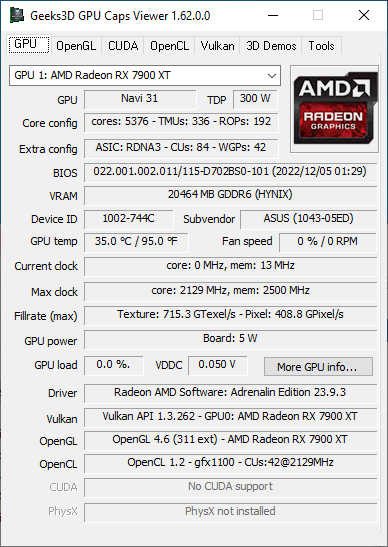 GPU Caps Viewer + Radeon RX 7900 XT
