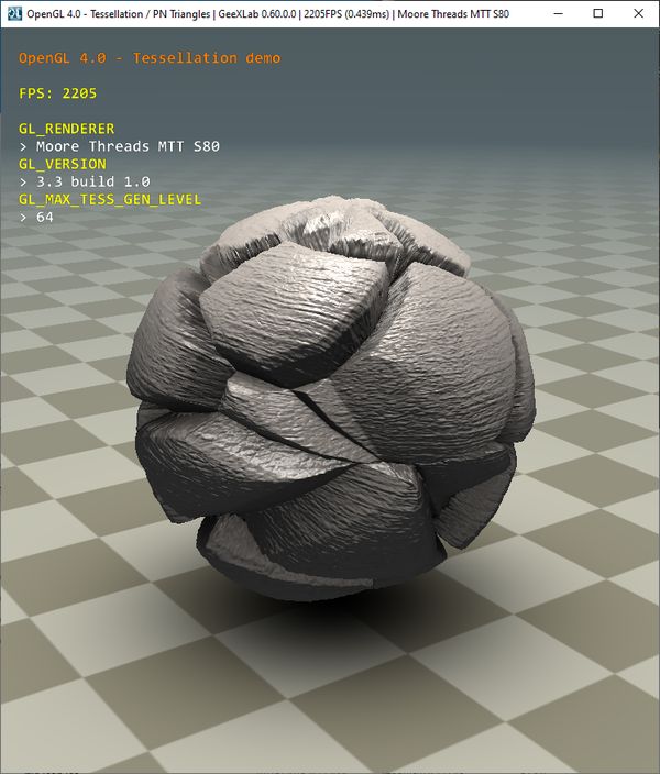 Moore Threads MTT S80 - OpenGL 4 tessellation demo with GeeXLab