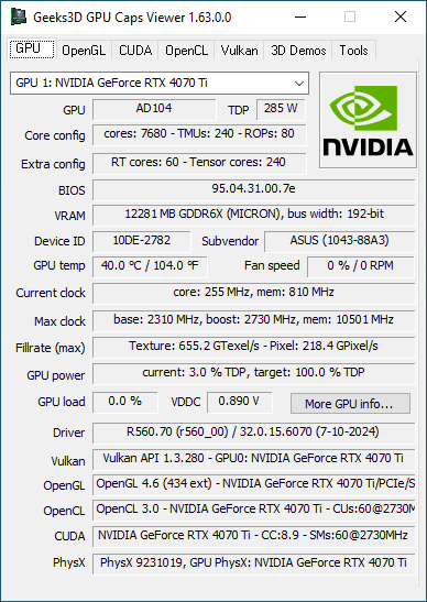 NVIDIA GeForce 560.70 + GPU Caps Viewer + GeForce RTX 4070 Ti