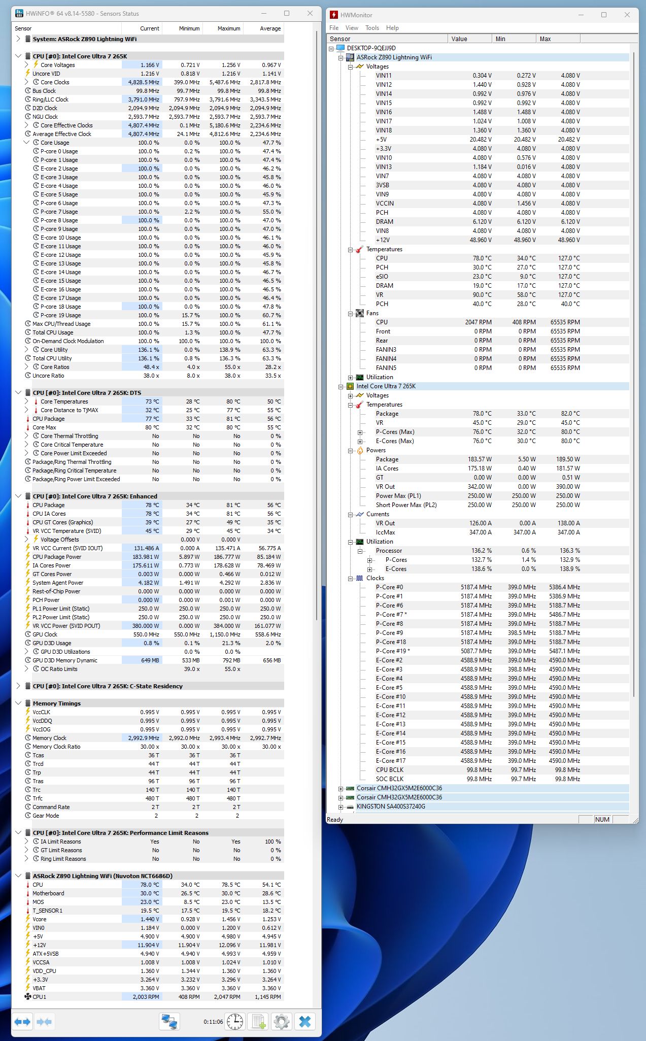 Geeks3D test bench - Cinebench R24 stress test - HWiNFO and HWMonitor