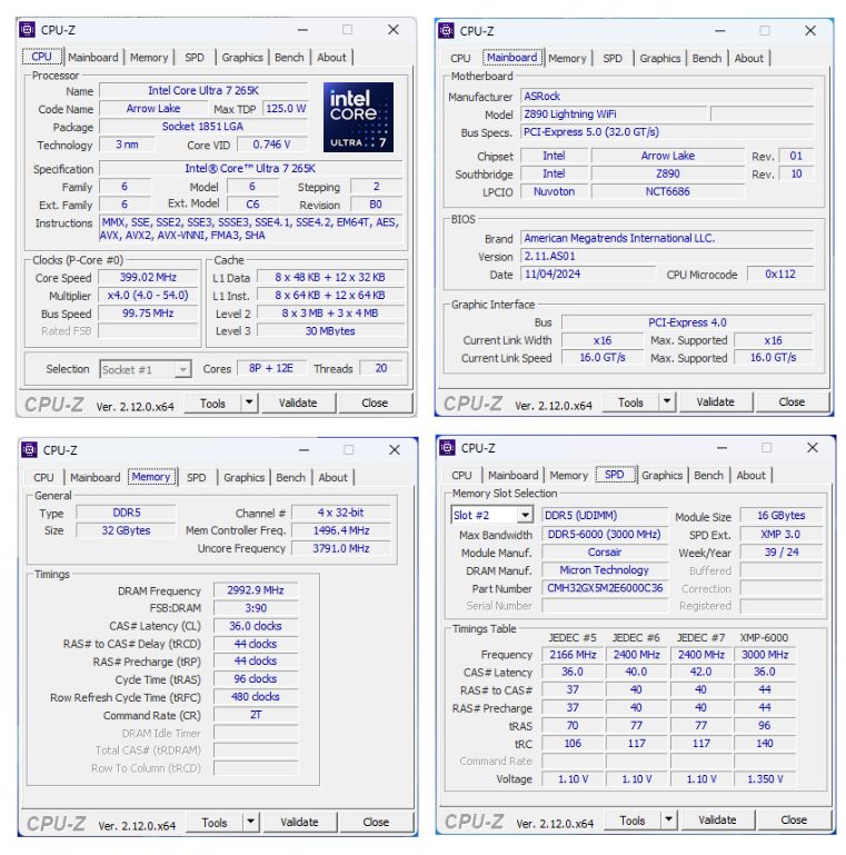 Geeks3D test bench - Intel Core Ultra 7 265K - CPU-Z info