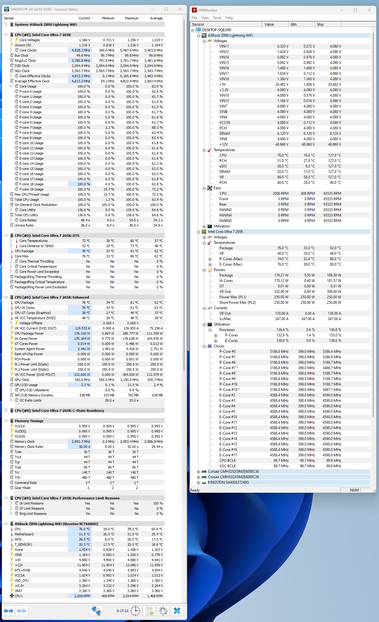 Geeks3D test bench - CPU-Z stress test - HWiNFO and HWMonitor