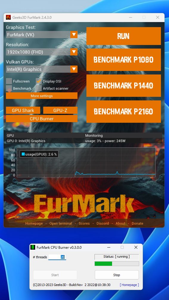 Geeks3D test bench - FurMark 2 CPU Burner stress test