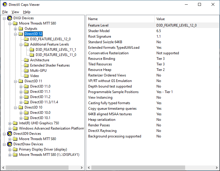 Moore Threads MTT S80 + DirectX Caps Viewer + PES 270.90.0